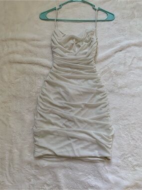 Revamped White Ruched Cowl Neck Mini Dress